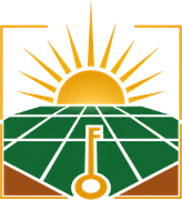 Right Land emblem — rising sun over plotted fields with a golden key